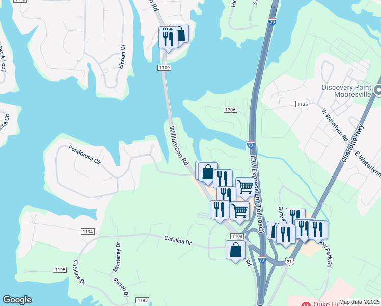 map of restaurants, bars, coffee shops, grocery stores, and more near 103 Pier 33 Drive in Mooresville