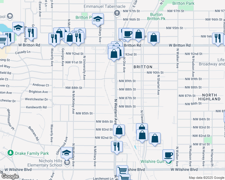 map of restaurants, bars, coffee shops, grocery stores, and more near 8815 North Western Avenue in Oklahoma City