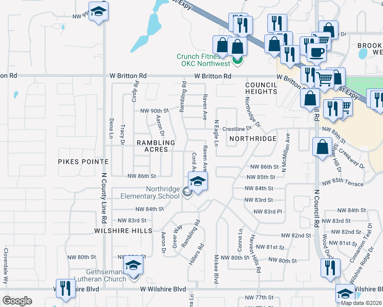 map of restaurants, bars, coffee shops, grocery stores, and more near 8733 Cord Avenue in Oklahoma City
