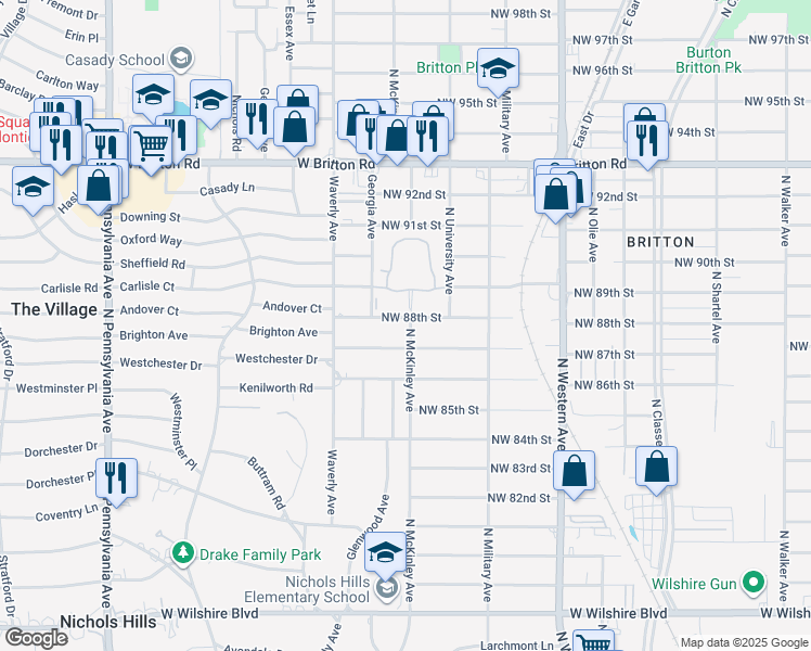 map of restaurants, bars, coffee shops, grocery stores, and more near 1400 Northwest 88th Street in Oklahoma City