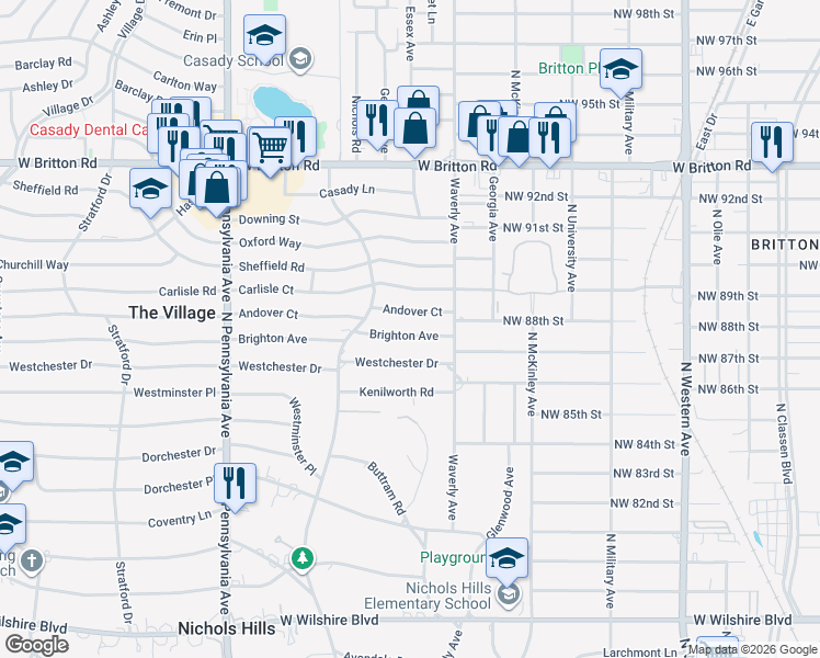 map of restaurants, bars, coffee shops, grocery stores, and more near 1321 Brighton Avenue in The Village