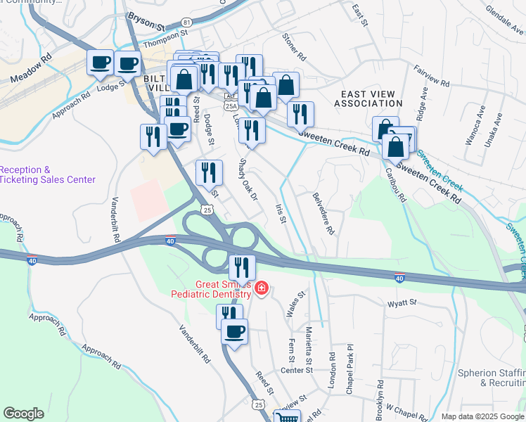 map of restaurants, bars, coffee shops, grocery stores, and more near 62 Fielding Street in Asheville
