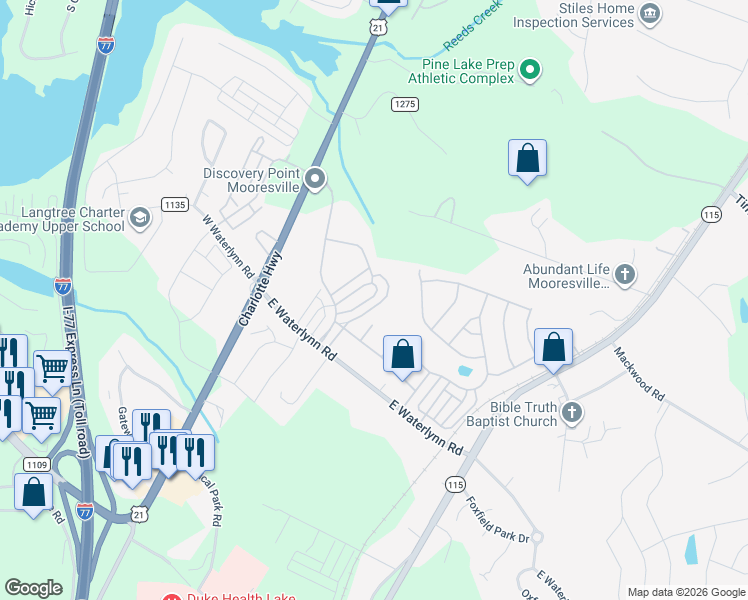 map of restaurants, bars, coffee shops, grocery stores, and more near 141 Leyton Loop in Mooresville