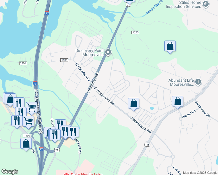 map of restaurants, bars, coffee shops, grocery stores, and more near 123 East Waterlynn Road in Mooresville