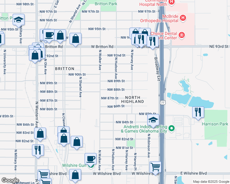 map of restaurants, bars, coffee shops, grocery stores, and more near 412 Northwest 88th Street in Oklahoma City