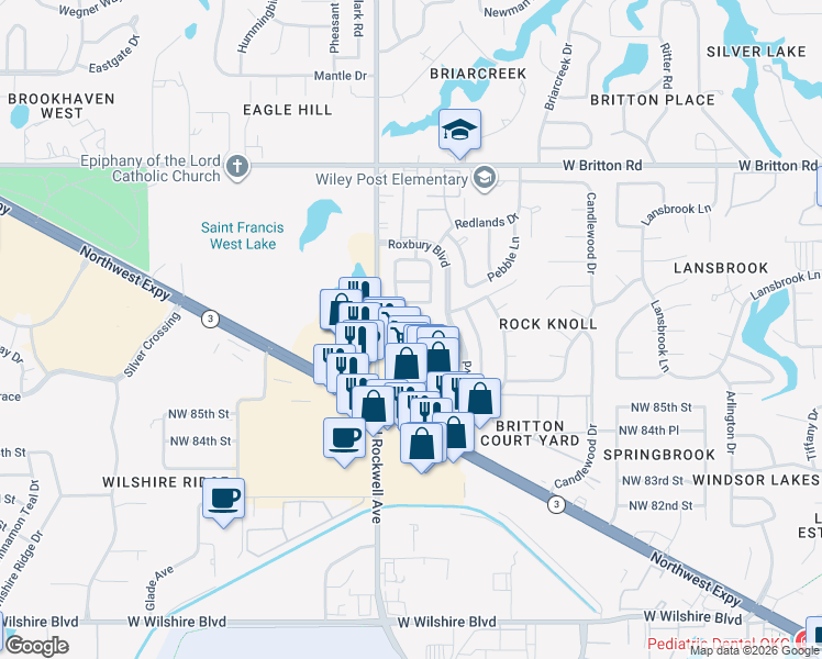 map of restaurants, bars, coffee shops, grocery stores, and more near 8822 North Rockwell Drive in Oklahoma City