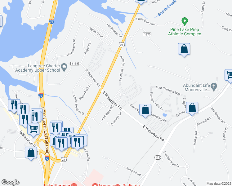 map of restaurants, bars, coffee shops, grocery stores, and more near 123 East Waterlynn Road in Mooresville