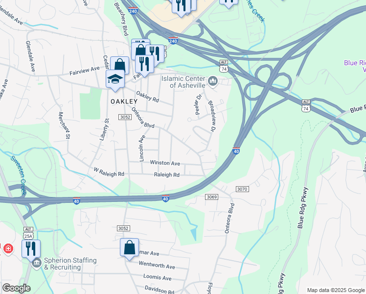 map of restaurants, bars, coffee shops, grocery stores, and more near 157 Onteora Boulevard in Asheville