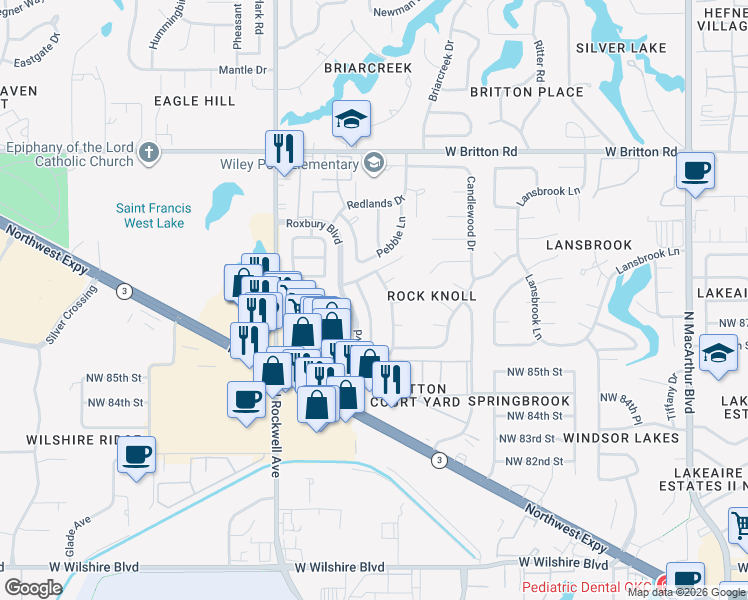 map of restaurants, bars, coffee shops, grocery stores, and more near 6709 Parkwood Lane in Oklahoma City