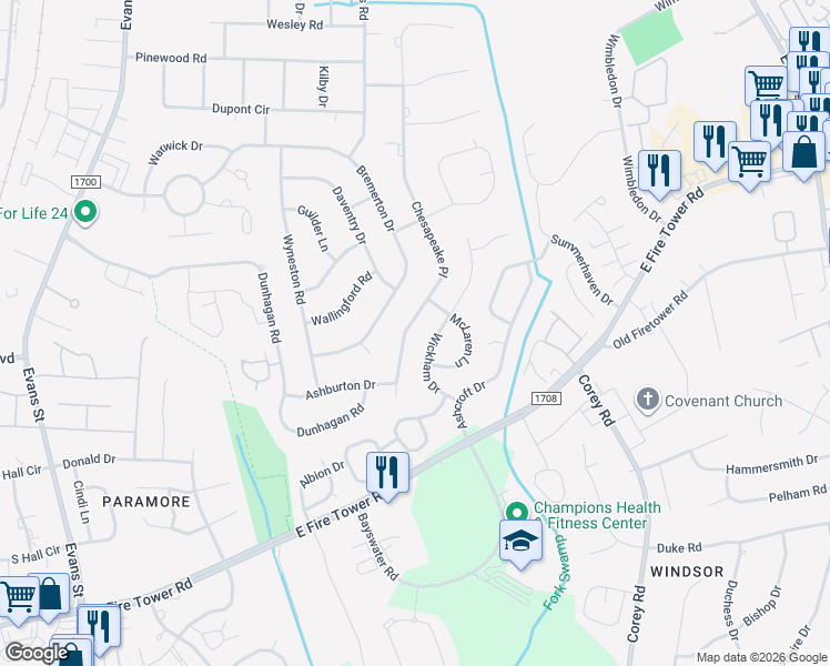 map of restaurants, bars, coffee shops, grocery stores, and more near 917 Chesapeake Place in Greenville