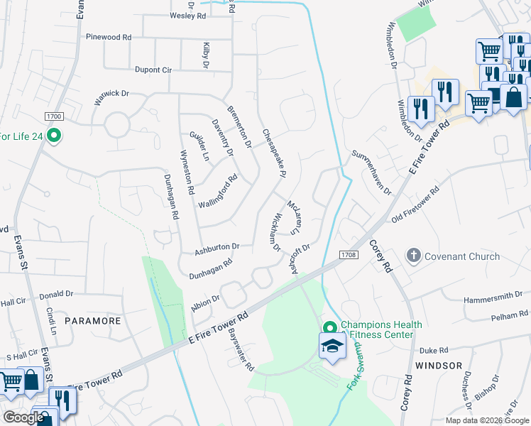 map of restaurants, bars, coffee shops, grocery stores, and more near 917 Chesapeake Place in Greenville