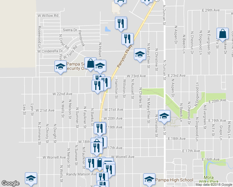 map of restaurants, bars, coffee shops, grocery stores, and more near 498 West 22nd Avenue in Pampa