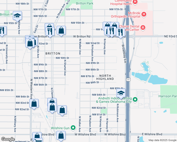 map of restaurants, bars, coffee shops, grocery stores, and more near 412 Northwest 88th Street in Oklahoma City