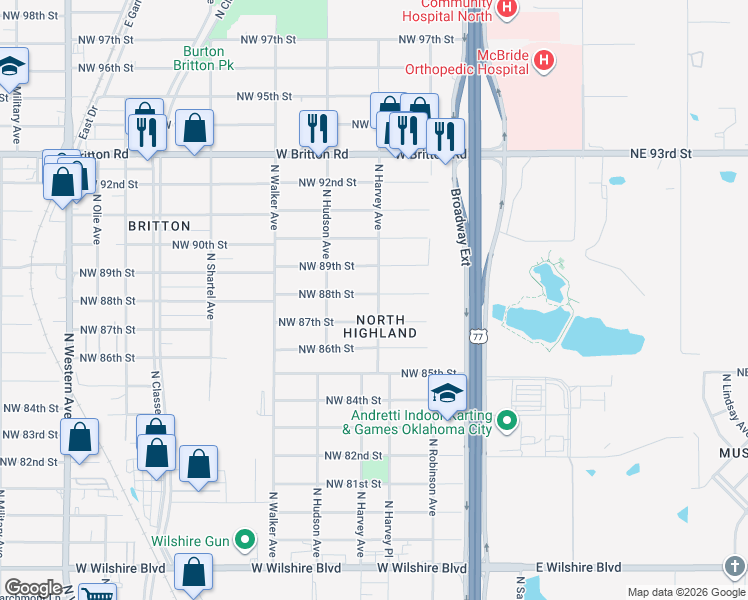 map of restaurants, bars, coffee shops, grocery stores, and more near 300 Northwest 88th Street in Oklahoma City