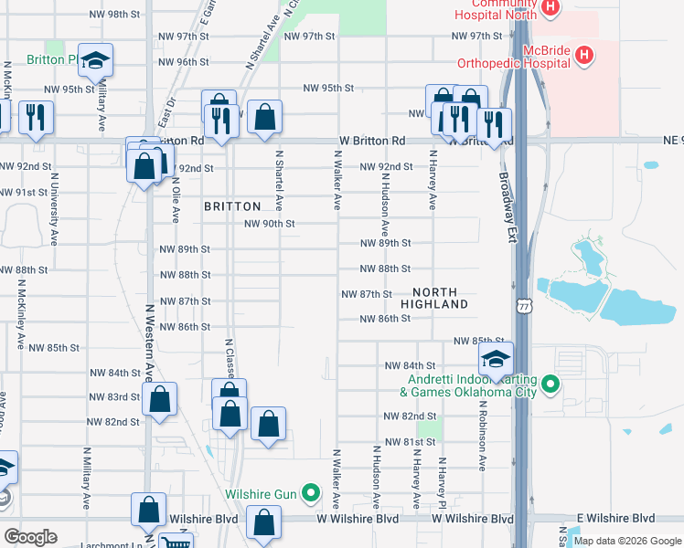map of restaurants, bars, coffee shops, grocery stores, and more near 444 Northwest 88th Street in Oklahoma City