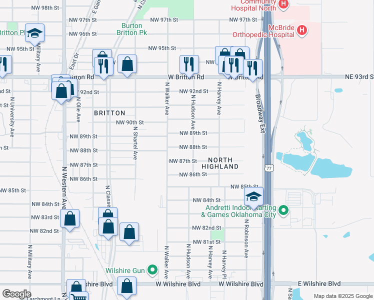 map of restaurants, bars, coffee shops, grocery stores, and more near 412 Northwest 88th Street in Oklahoma City
