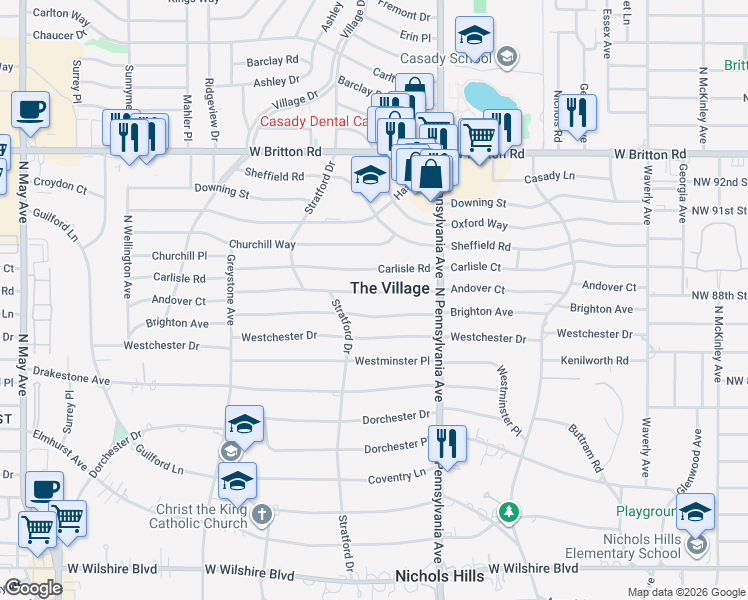 map of restaurants, bars, coffee shops, grocery stores, and more near 1732 Andover Court in The Village