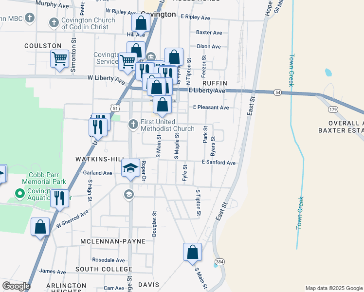 map of restaurants, bars, coffee shops, grocery stores, and more near 508 South Maple Street in Covington