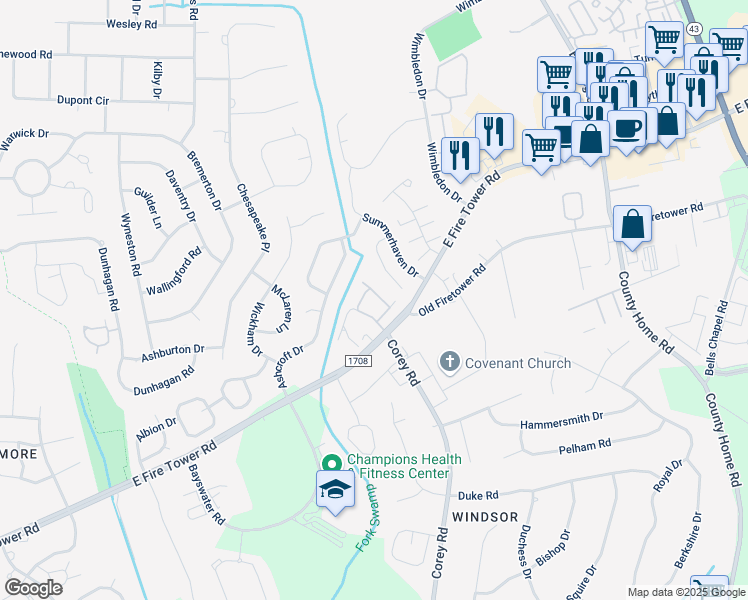 map of restaurants, bars, coffee shops, grocery stores, and more near 1216 East Fire Tower Road in Greenville