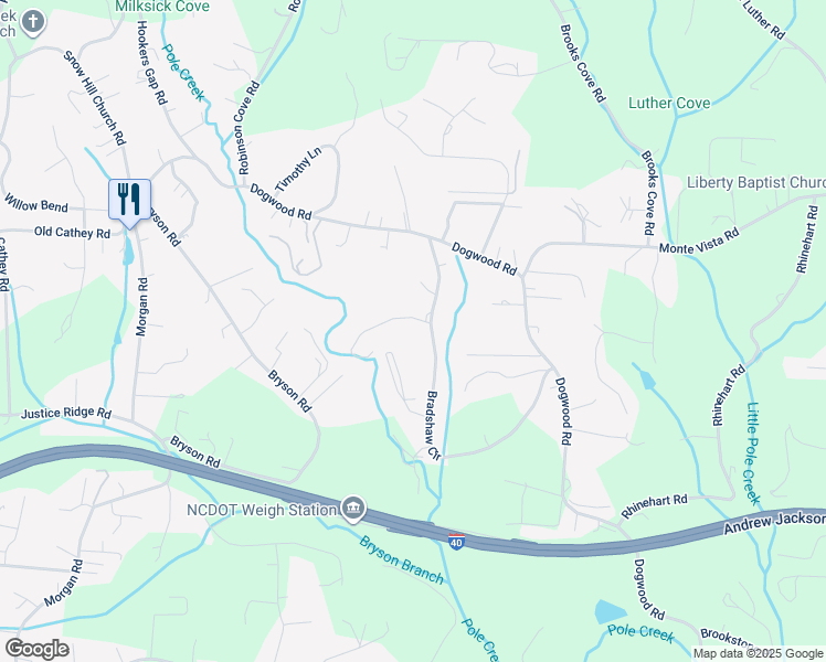 map of restaurants, bars, coffee shops, grocery stores, and more near 19 Misty Mountain Way in Candler