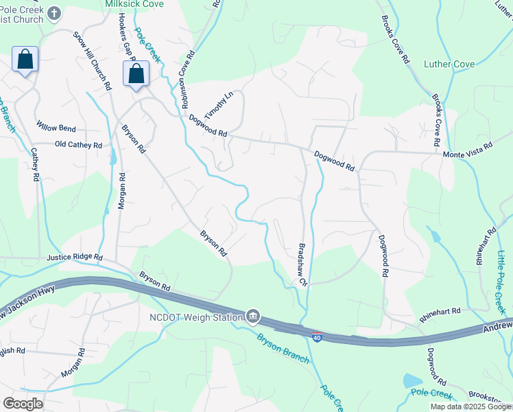 map of restaurants, bars, coffee shops, grocery stores, and more near 32 Misty Mountain Way in Candler