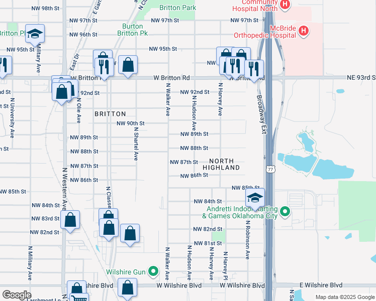 map of restaurants, bars, coffee shops, grocery stores, and more near 412 Northwest 88th Street in Oklahoma City