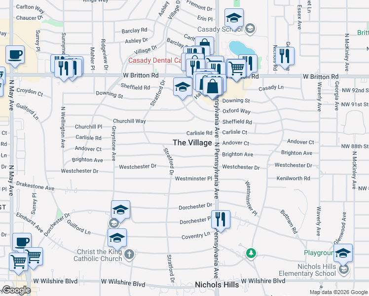 map of restaurants, bars, coffee shops, grocery stores, and more near 1732 Andover Court in The Village