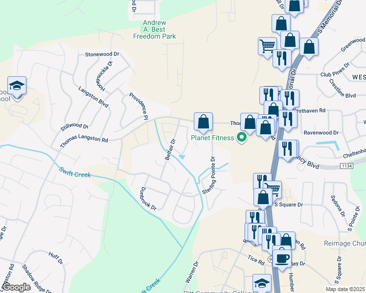 map of restaurants, bars, coffee shops, grocery stores, and more near 3820 East Vancroft Circle in Winterville