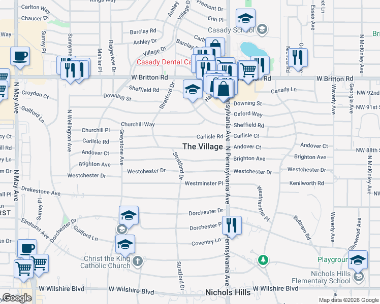 map of restaurants, bars, coffee shops, grocery stores, and more near 1732 Andover Court in The Village
