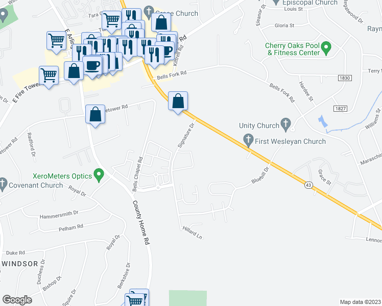 map of restaurants, bars, coffee shops, grocery stores, and more near 4108 Kittrell Farms Drive in Greenville