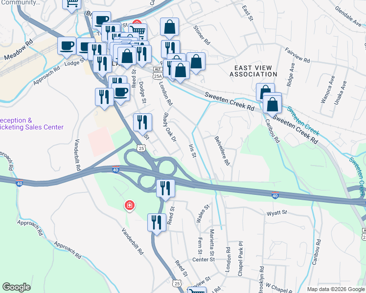 map of restaurants, bars, coffee shops, grocery stores, and more near 102 Shady Oak Drive in Asheville