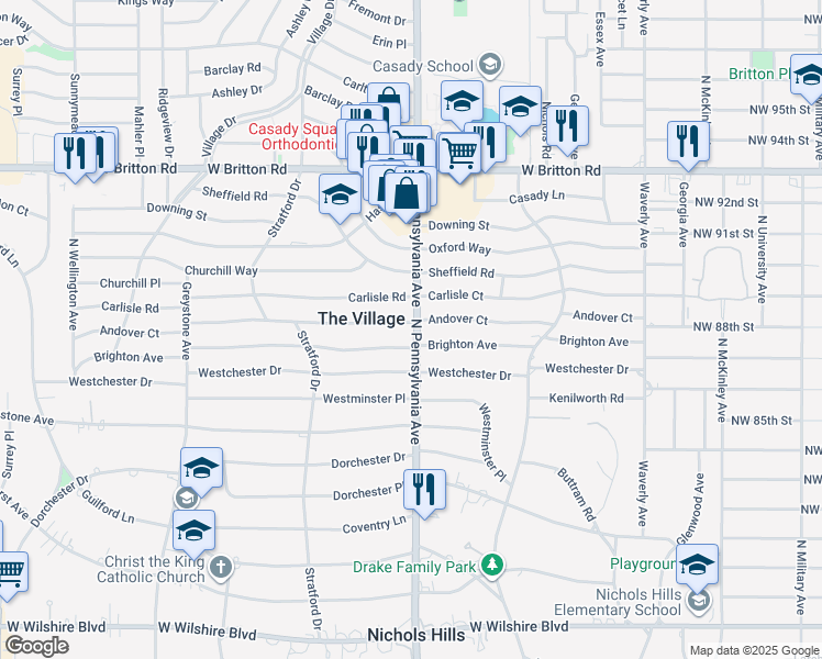 map of restaurants, bars, coffee shops, grocery stores, and more near 1700 Andover Court in The Village