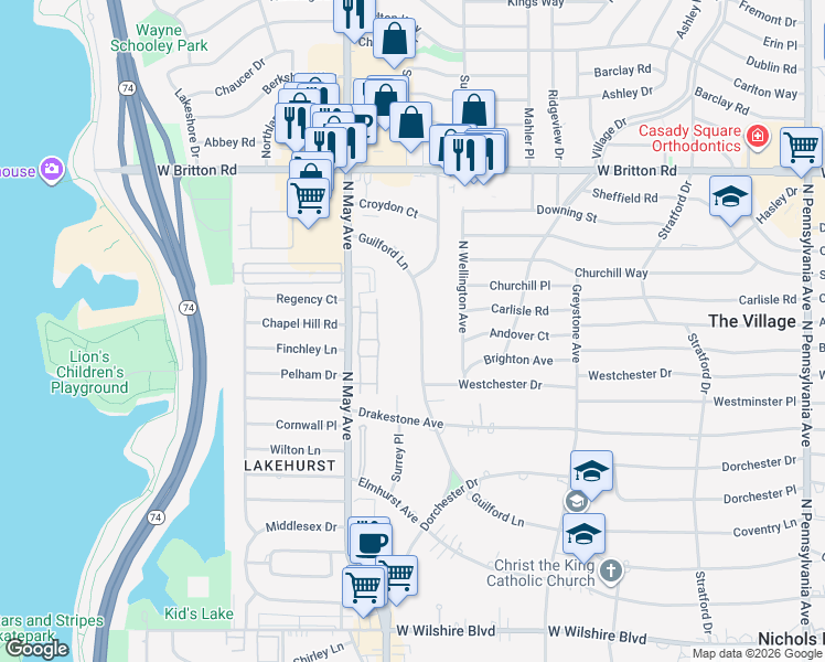 map of restaurants, bars, coffee shops, grocery stores, and more near 2829 Guilford Lane in Oklahoma City