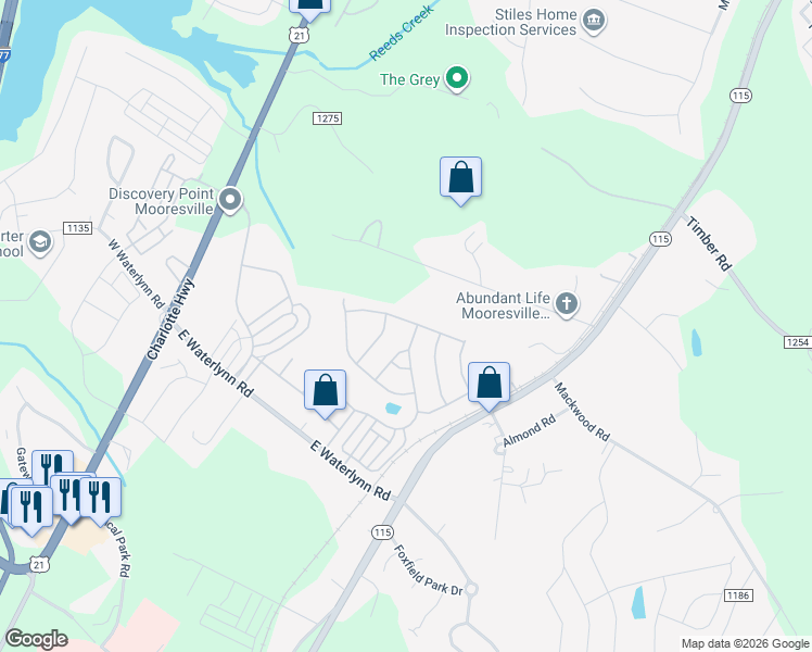 map of restaurants, bars, coffee shops, grocery stores, and more near 125 Four Seasons Way in Mooresville