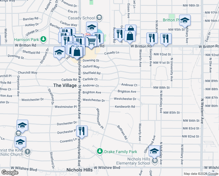 map of restaurants, bars, coffee shops, grocery stores, and more near 1504 Andover Court in The Village