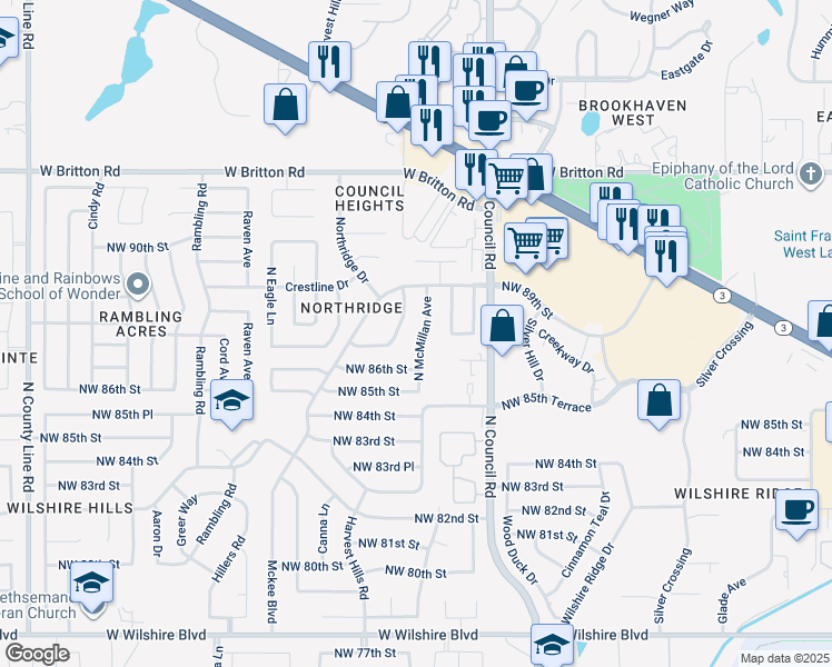 map of restaurants, bars, coffee shops, grocery stores, and more near 8809 North McMillan Avenue in Oklahoma City
