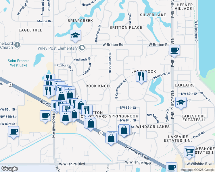 map of restaurants, bars, coffee shops, grocery stores, and more near 6500 Eastwood Circle in Oklahoma City