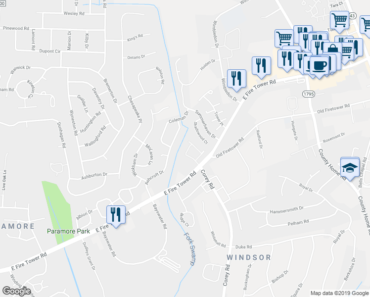 map of restaurants, bars, coffee shops, grocery stores, and more near 1209 East Fire Tower Road in Greenville