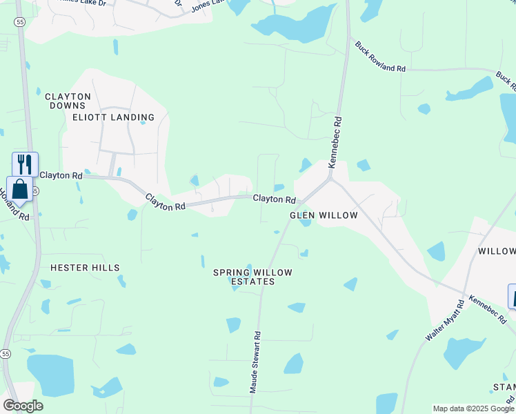 map of restaurants, bars, coffee shops, grocery stores, and more near 1500 Clayton Road in Fuquay-Varina
