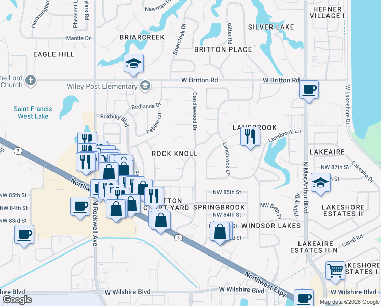 map of restaurants, bars, coffee shops, grocery stores, and more near 6500 Eastwood Circle in Oklahoma City