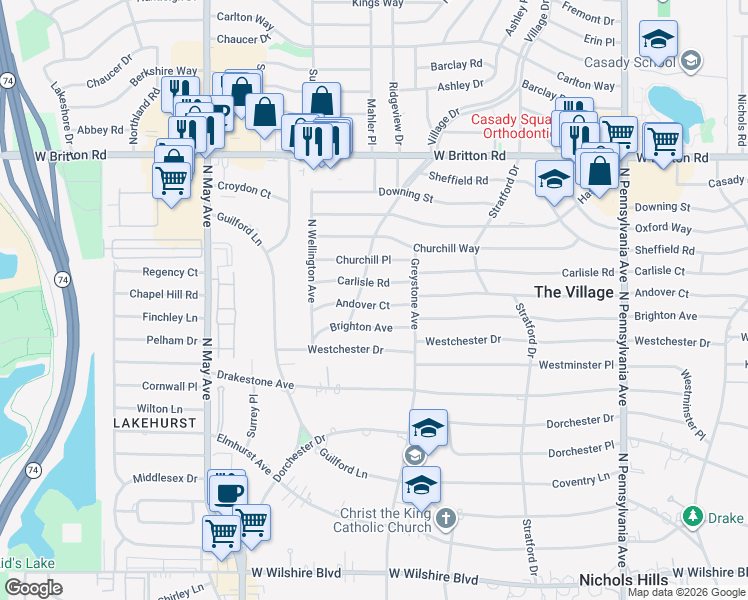 map of restaurants, bars, coffee shops, grocery stores, and more near 2137 Andover Court in The Village