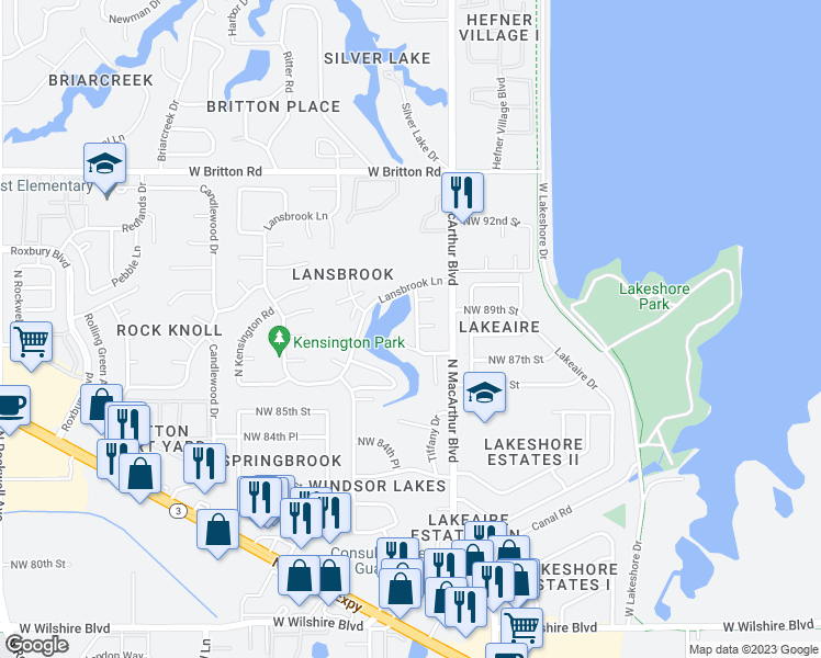 map of restaurants, bars, coffee shops, grocery stores, and more near 8813 Sheringham Drive in Oklahoma City