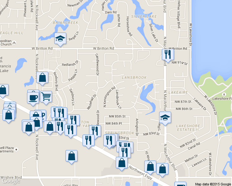 map of restaurants, bars, coffee shops, grocery stores, and more near 8901 Lansbrook Lane in Oklahoma City