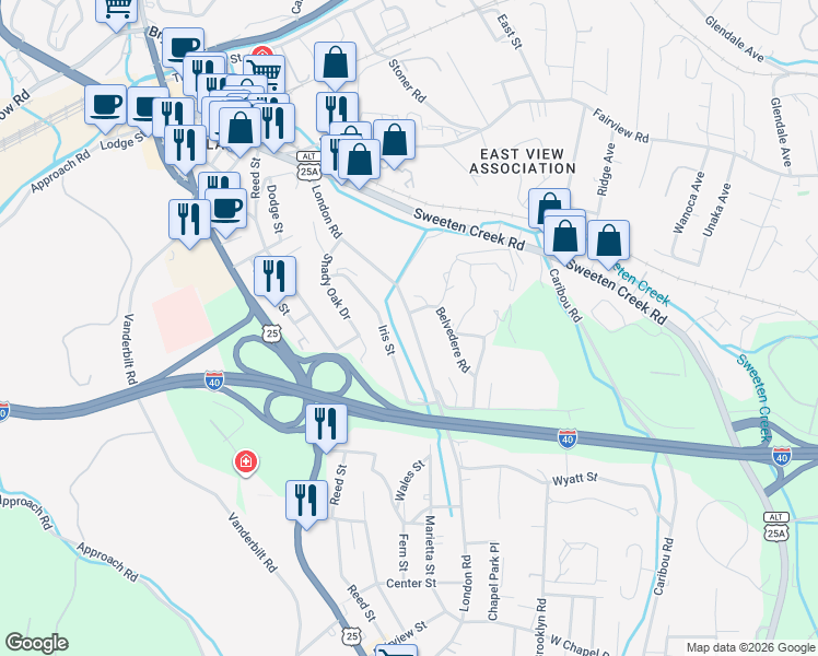 map of restaurants, bars, coffee shops, grocery stores, and more near 185 London Road in Asheville