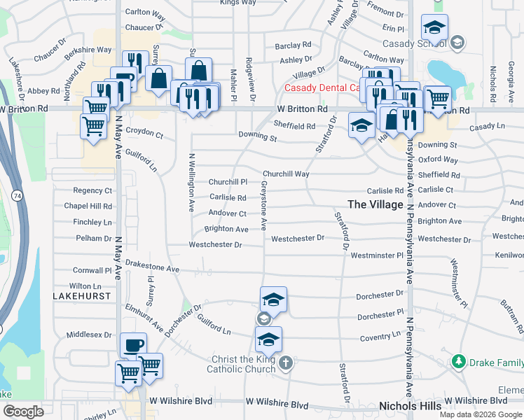 map of restaurants, bars, coffee shops, grocery stores, and more near 2101 Andover Court in The Village