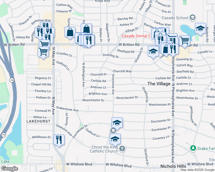 map of restaurants, bars, coffee shops, grocery stores, and more near 2101 Andover Court in The Village