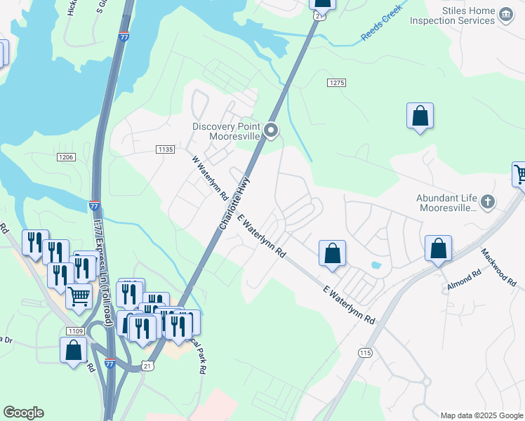 map of restaurants, bars, coffee shops, grocery stores, and more near 123 East Waterlynn Road in Mooresville