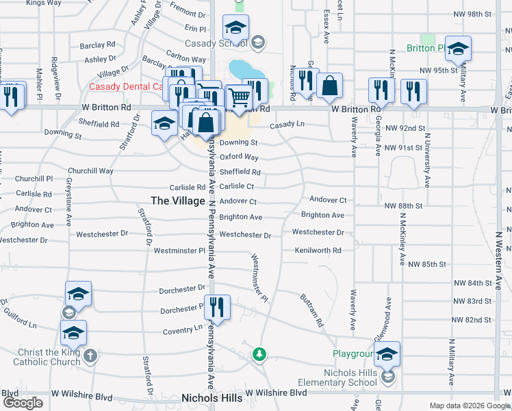 map of restaurants, bars, coffee shops, grocery stores, and more near 1602 Andover Court in The Village