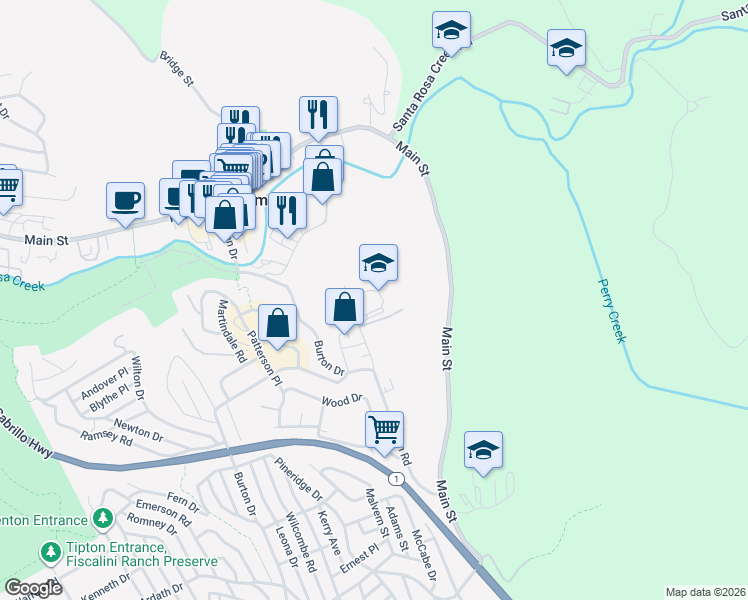 map of restaurants, bars, coffee shops, grocery stores, and more near 2850 Schoolhouse Lane in Cambria