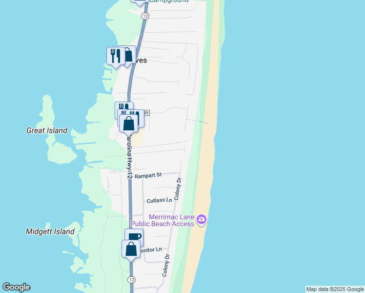 map of restaurants, bars, coffee shops, grocery stores, and more near 26251 Wimble Shore Drive in Rodanthe